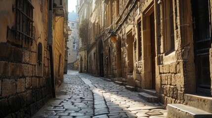 A narrow alleyway in a medieval city, where crooked buildings lean in towards each other, casting deep shadows on the cobblestone street below.