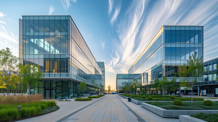 Modern glass buildings in an urban landscape