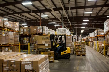 Professional Photography of forklift operators maneuvering pallets of inventory in a well-organized distribution warehous, Generative AI