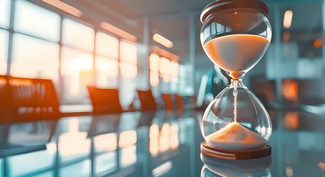 Close-up view of hourglass measuring time on office desk. Concept Productivity, Time Management, Office Decor, Work Environment, Time Tracking