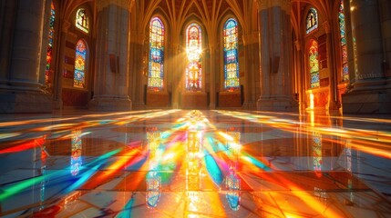 Obraz premium Sunlight filters through stained glass windows, casting vibrant colors across the polished marble floor of a majestic cathedral.