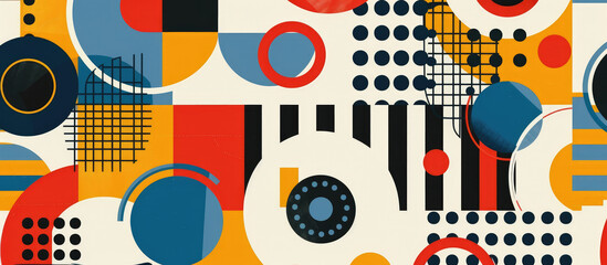 Obraz premium Abstract Bauhaus style background with colorful shapes and patterns with circles, dots and shapes in blue, red, yellow and orange on a white background