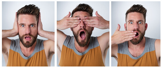 Shock, composite and portrait of man in studio with closed ears, eyes and mouth sign for joke....