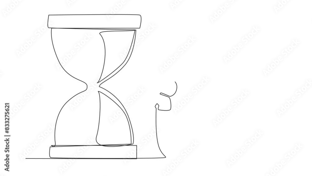Poster animated self drawing of continuous line drawing young astronaut climbs hourglass with rope. the cou
