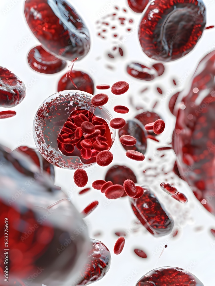 Poster d rendering of red cells interacting with enzymes in a laboratory setting