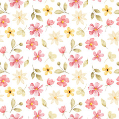 Seamless pattern with watercolor flowers and leaves, repeat floral texture, background hand drawing. Perfectly for wrapping paper, wallpaper, fabric, texture and other printing.