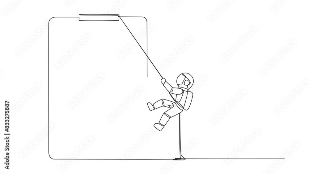 Poster self drawing animation of continuous one line drawing young astronaut climbing clipboard with rope. 