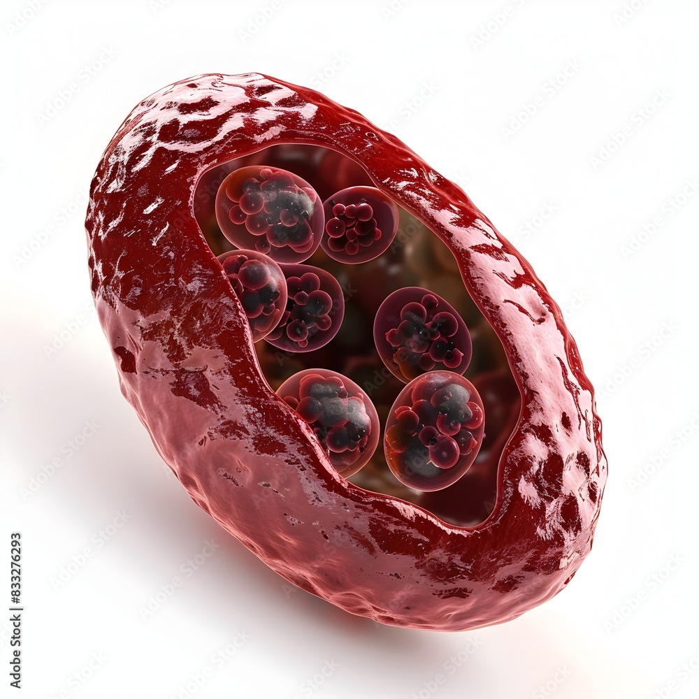 Poster d rendered image of red cell with visible mitochondria on white background