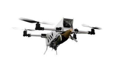 Isolated military drone with aerial bomb in motion. Defense technology.