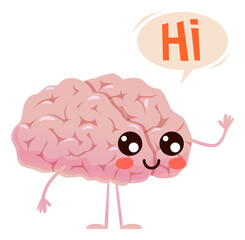 Brain cute character waving hand. Greeting mind mascot