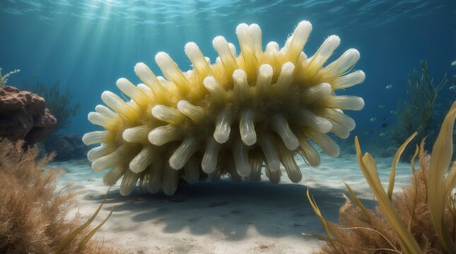 Underwater view of Holothuria tubulosa, or cotton spinner sea cucumber, amidst sea grass