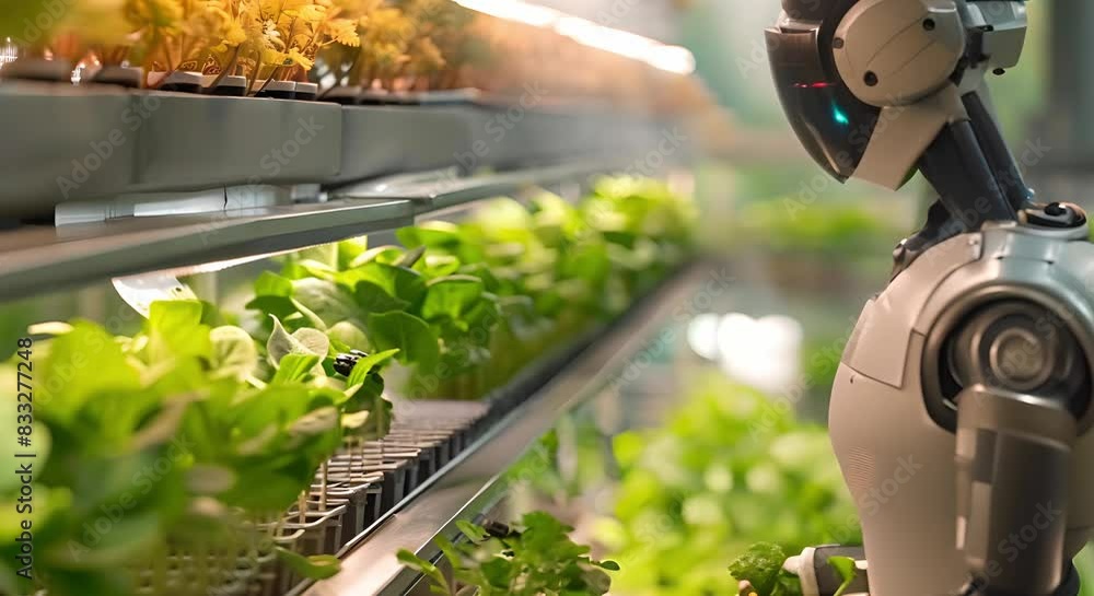 Poster optimizing plant growth in a vertical hydroponic farm with high-tech robot monitoring. concept verti