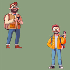 Men with backpacks and a cell phone. Young man cheery walking enjoying free spare time vector