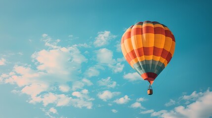 Fototapeta premium Hot Air Balloon Ride in blue sky white clouds background for wide banner of travel agency or adventure tour,Aerostat flying above clouds,International Balloon Fiesta.