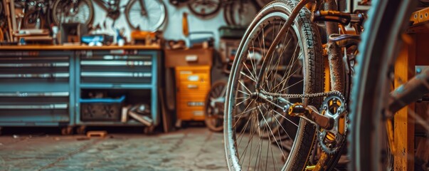 Close-up image capturing the intricate details of a vintage bicycle wheel in a bike repair shop.