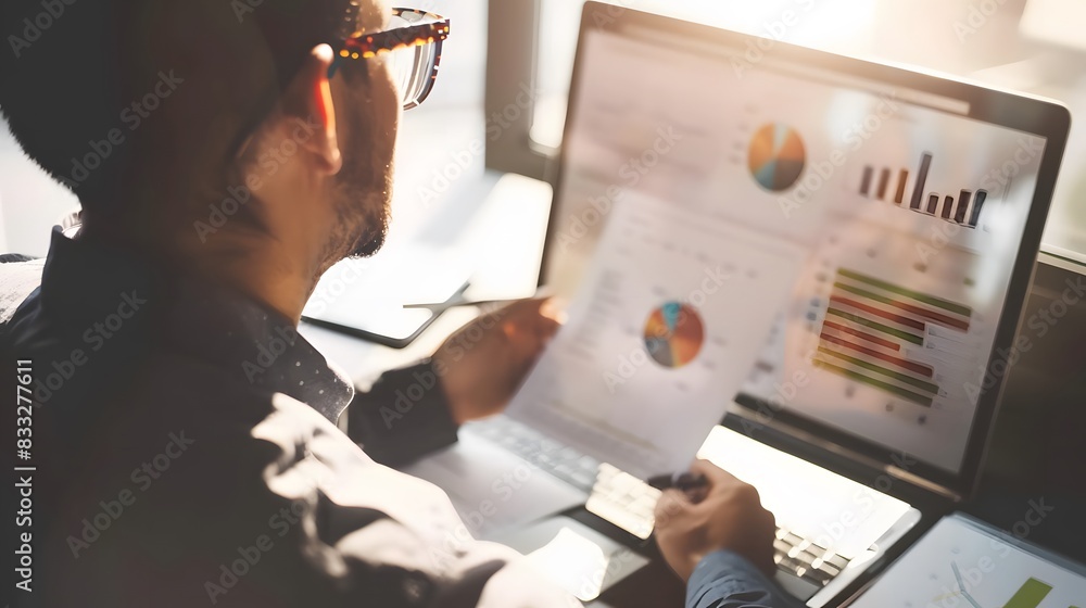 Poster a man analyzing financial data on his computer with a paper chart in hand, focused on business metri