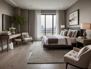 Top View of Stylish Cozy Bedroom with Modern Decor