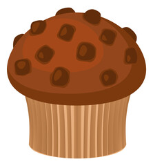 Muffin with chocolate chips. Sweet pastry. Cartoon cupcake