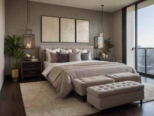 Top View of Stylish Cozy Bedroom with Modern Decor