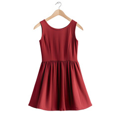 Front view of a maroon women's shift dress on a wooden hanger isolated on a white transparent background