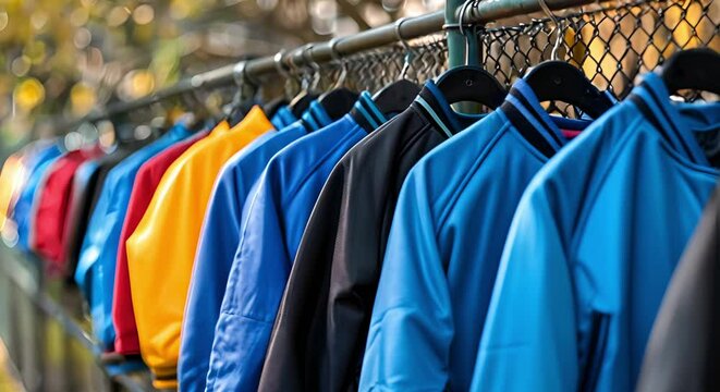 Varsity jackets hanging on fence symbolize pride and sports community belonging. Concept Sports Community, Varsity Jackets, Pride, Symbolism, Belonging