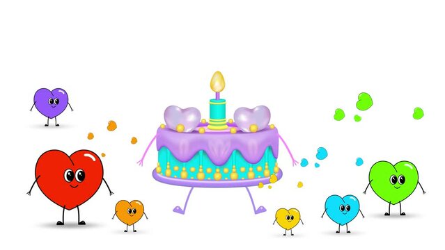A birthday cake with icing, candles and hearts is running for a birthday.