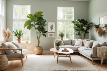A bright and inviting living room featuring a comfortable couch, coffee table, and potted plants. The room has a neutral color scheme with pops of green and brown