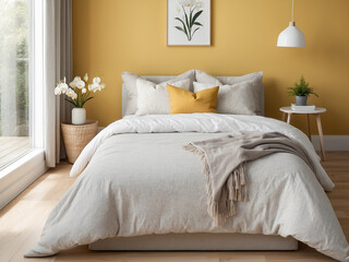 Simple Bedroom with Wood Furniture and Abstract Painting