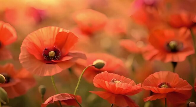 Field of red poppies: A symbol of remembrance on Anzac Day, Memorial Day, and Remembrance Day. Concept Remembrance Day, Anzac Day, Memorial Day, Poppies, Symbolism