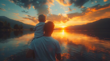 Lifestyle family from behind with their child on fathers shoulders standing at lake shore at sunset 