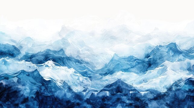 An abstract blue watercolor background with clouds and fog in Chinese ink painting, white sky , brushstrokes with waves, global warming, Generative AI.