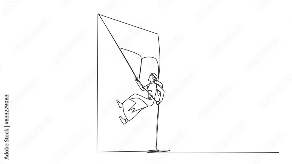 Poster self drawing animation of continuous line drawing arab businessman climbs shield with rope. works to