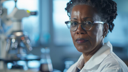 Confident black female scientist in laboratory. Portrait of a serious senior black woman wearing glasses and a lab coat in a laboratory setting, conveying expertise and professionalism.