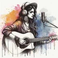 Street musician with guitar on watercolor background