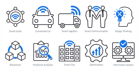 A Set of 10 Industrial icons as smart grids, connected car, smart logistics