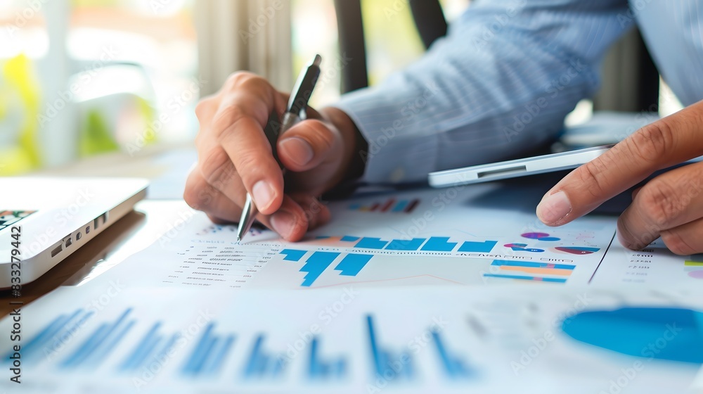 Poster close-up of a business professional analyzing financial charts and graphs, highlighting data analysi