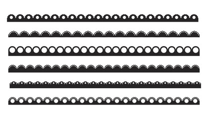 Scalloped edge border frilly stroke divider black silhouette stripe, tape collection isolated on white background. Traditional simple ornament with circles, embroidery ribbon.