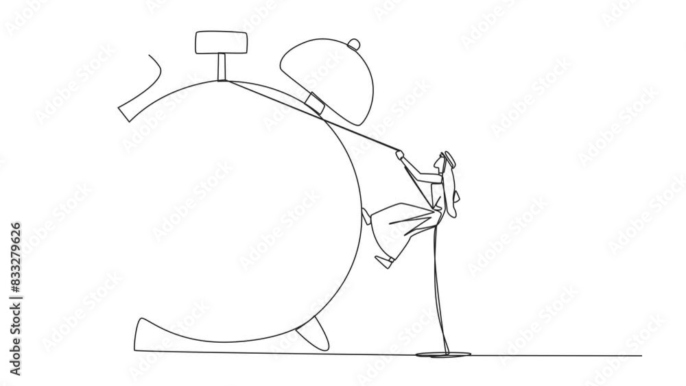 Aufkleber animated self drawing of continuous line drawing arab businessman climbing alarm clock with rope. wo