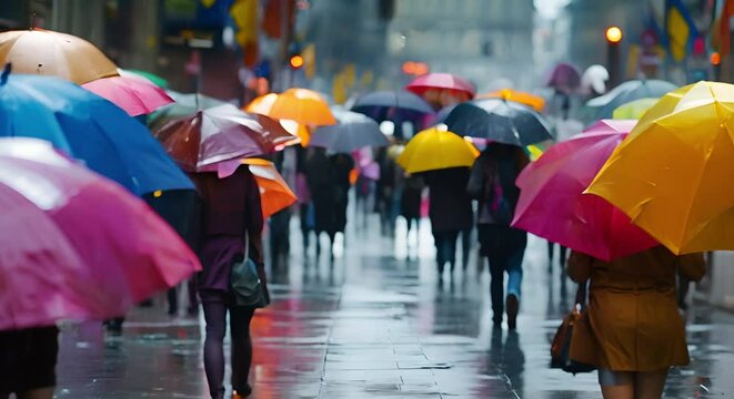 Crowded urban street with pedestrians some carrying umbrellas under overcast sky. Concept Urban Street, Pedestrians, Umbrellas, Overcast Sky, Crowded