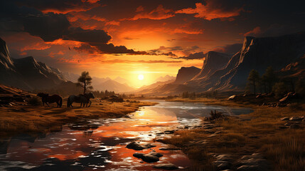 A Contemporary Scene of In The Countryside Flowing River With A House And Horse Riding on Road Landscape Background