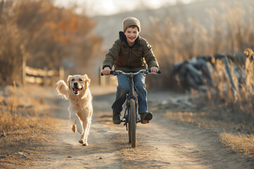 Smiling young boy enjoys a bike ride on a dusty trail with his loyal golden retriever running alongside at sunset
