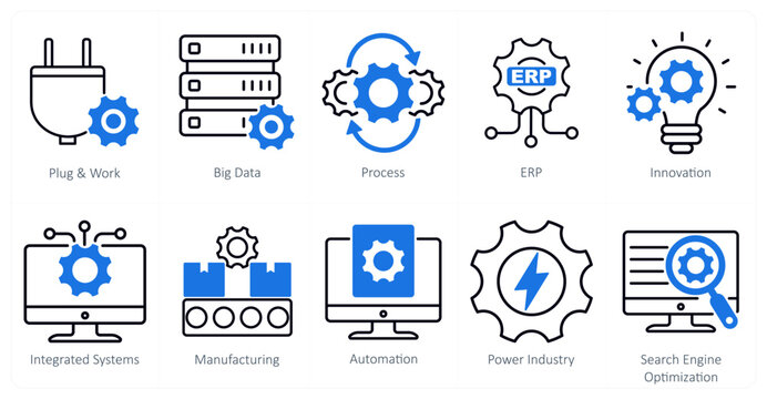 A Set of 10 Industrial icons as plug and work, big data, process