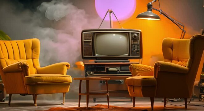 Vintage TV Studio Backdrop for a Nostalgic Television Production Set Design. Concept Set Design, Vintage TV Studio, Nostalgic, Backdrop, Television Production