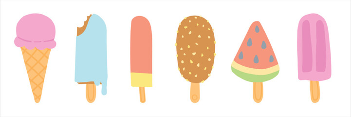 Colorful ice cream and popsicles illustration featuring various flavors and styles on a white background.