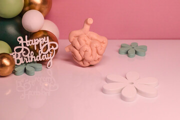 Concept celebration of being born again due to a transplant or risky operation. Balloons, a happy...