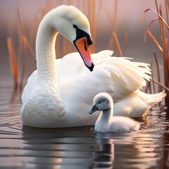 Fototapeta premium A mute swan mama and its baby on the river on the water