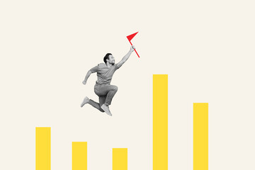 Creative trend collage of funny man running hold finish flag reach top graph data information weird...