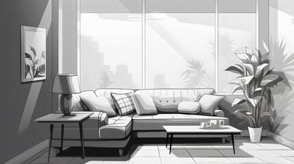 Monochrome Living Room with Large Windows