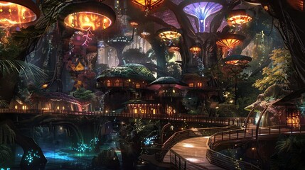 Fairyland Metropolis, Colorful Forest City of Glowing Plants and Ancient Trees. Generative Ai