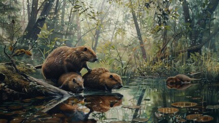 Beavers in Rainy Forest Stream - Powered by Adobe